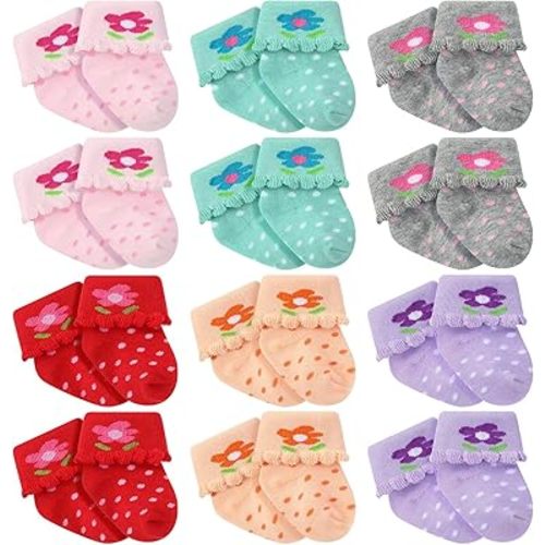 Toulite 12 Pairs Baby Ruffle Ankle Socksturn Cuff Cotton Girls and Boys Non-slip Warm Socks