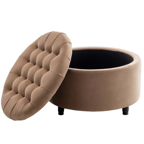 Classic 28-Inch Wide Button Tufted Round Storage Ottoman with Lift-Off Lid