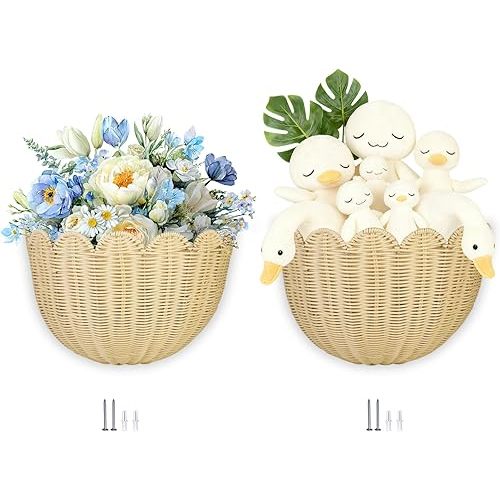 2 PCS Scalloped Wall Basket,15.7x10x8 in.Rattan Hanging Basket Woven Wicker Wall Mounted vine scallop wall basket Environmentally friendly, durable,Waterproof easy to maintain
