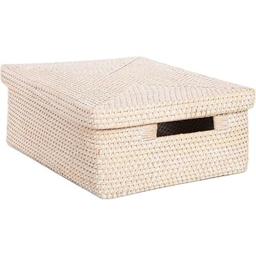 Kouboo Rattan Storage Box and Decorative Shelf Basket, White Wash/Latte - 14.25 inch Stackable Bin with Lid for Organizing
