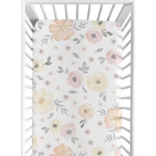 Sweet Jojo Designs Girl Baby Fitted Crib Sheet Watercolor Floral Yellow Pink and Grey