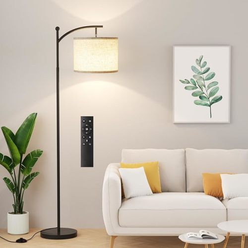 60" Floor Lamp with Remote Control and Stepless Dimmable Bulb, Colors Temperature & Brightness Adjustable, Modern Floor Lamps for Living Room（Beige Shade & Black Pole）