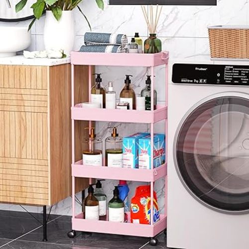 SPACELEAD 3 Tier Rolling Cart with Wheels, Storage Craft Art Trolley Organizer Serving, 3 Hanging Baskets Easy Assembly, for Office, Living Room, Kitchen, Pink