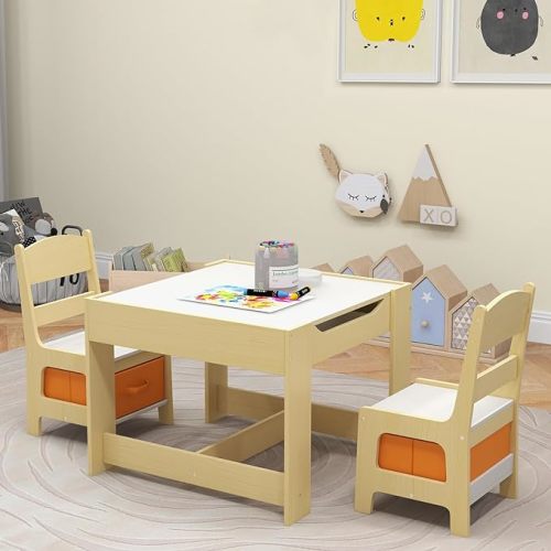 Costzon Kid Table and Chairs, 3 in 1 Wooden Activity Desk Set w/ Reversible Chalkboard & Storage Space for Arts, Crafts, Drawing, Reading, Playroom, Toddler Table and Chair Set for Boy Girl (Natural)