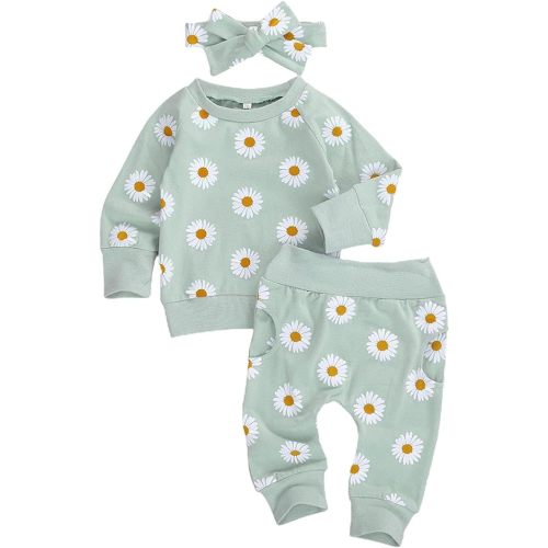 Toddler Baby Girl Fall Winter Clothes Newborn Infant Floral Pullover Sweatshirt T-Shirts+Pants 3PCS Outfits Set (Light Green, 0-6 months)