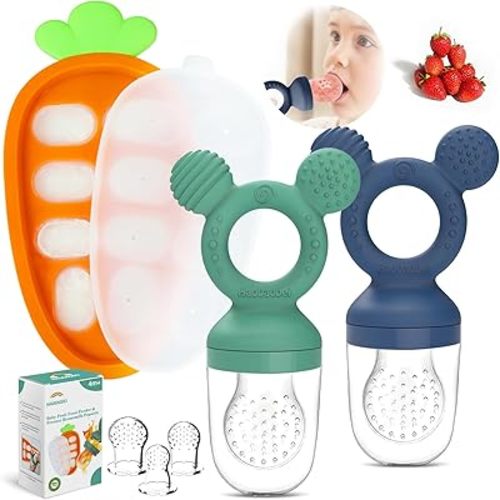 Baby Fruit Feeder Set – 3-Size Silicone Teether with Ice Cube Tray | Leakproof Self-Feeder for 3-24 Months | BPA-Free, Dishwasher Safe | Baby-Led Weaning Essential (Green Blue)