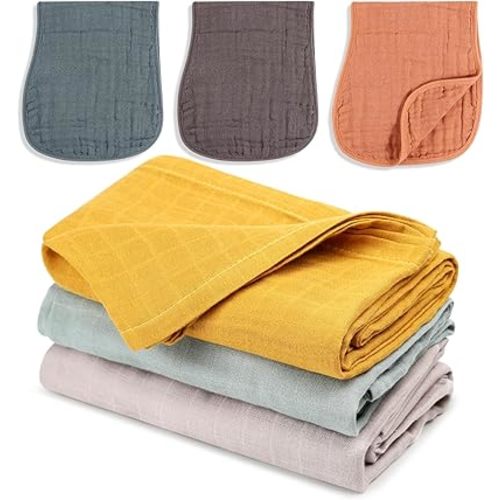 Sublaga 3Pcs 47x47 Baby Muslin Swaddle Blankets for Boys Girls + 3Pcs 20x10 Muslin Baby Burp Cloths, Baby Swaddle Receiving Blankets Large, Soft Breathable Muslin Baby Blanket for Unisex Newborn