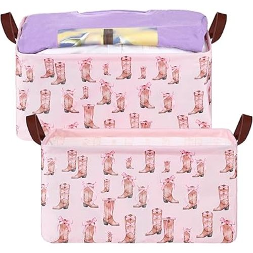 Honeydak 2 Pcs Western Cowgirl Baskets Room Decor Pink Bow Collapsible Pink Storage Bins Organizer with Handles Coquette Cowgirl Bow Decor for Bedroom Dorm Clothes Toys