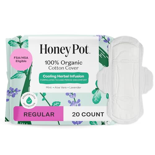 The Honey Pot Company - Herbal Sanitary Pads for Women - Regular Flow w/Wings - Infused w/Essential Oils for Cooling Effect & Organic Cotton Cover - Feminine Care - FSA & HSA - 20 ct