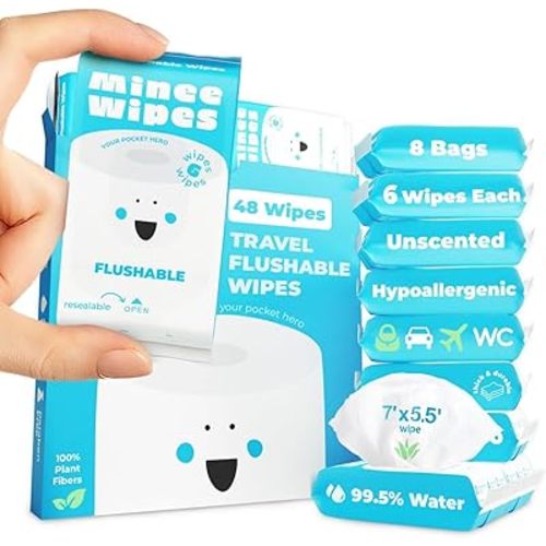 Impossibly Compact Travel Flushable Wipes - 99.5% Water and Aloe - Safe for Sensitive Skin, Hypoallergenic & Unscented - Travel Essentials for Adults, Kids & Baby Care - 8 Pack Total 48 Wipes