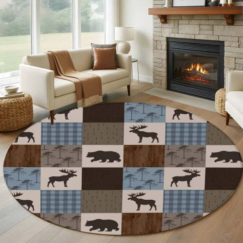 Round Area Rug 5ft,Retro Deer Bear Plaid Check Washable Carpet Non-Slip Runner Accent Rugs Indoor Floor Mat for Bedroom Living Room Decor,Abstract Patchwork Pattern
