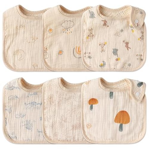 Zainpe 6Pcs Snap Muslin Cotton Baby Bibs Rabbit Bear Sheep Pattern Bandana Drool Cloths Soft Absorbent Adjustable Burp Cloth Feeding Bib for Newborns Girls Boys Toddlers Teething Eating 0 to 36 Months
