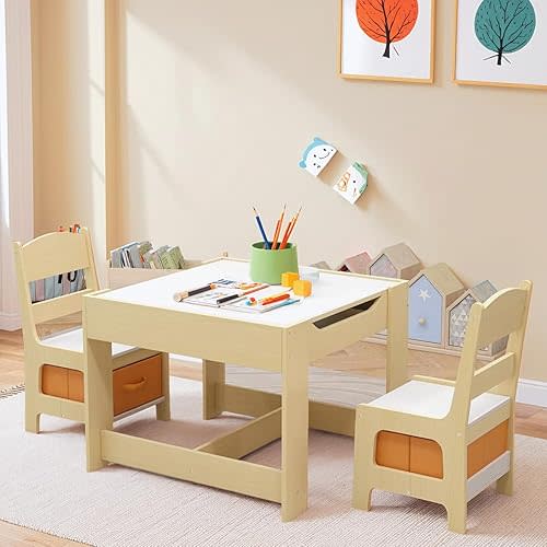 Arlopu Kids Table and Chair Set, 4 in 1 Wooden Children Activity Table w/Storage, Reversible Deskboard, Blackboard, Detachable Tabletop for Toddlers Art Crafts, Playroom, Drawing, Reading Natural