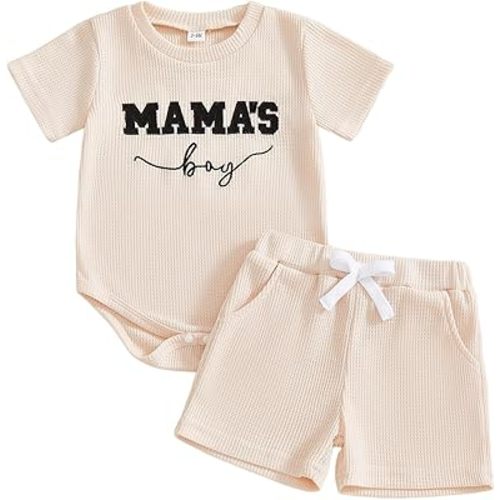 Kupretty Baby Boy Clothes 3 6 12 18 Months Summer Outfit Daddy's Mini Embroidery Waffle Short Sleeve Romper & Shorts Set