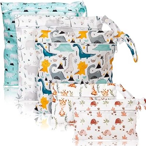 R HORSE 5Pcs Waterproof Reusable Diaper Baby Cloth Wet Dry Bags with 2 Zippered Pockets Travel Beach Pool Bag with Polar Bear Dinosaur Animal Alphabet Crocodile Pattern (3 Sizes)