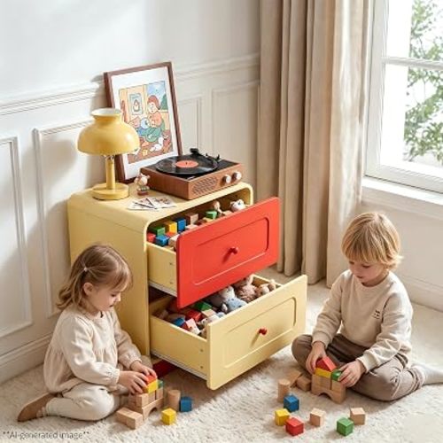 Red and Yellow Nightstand with Safe Curved Edges 2 Drawers for Kids Bedroom