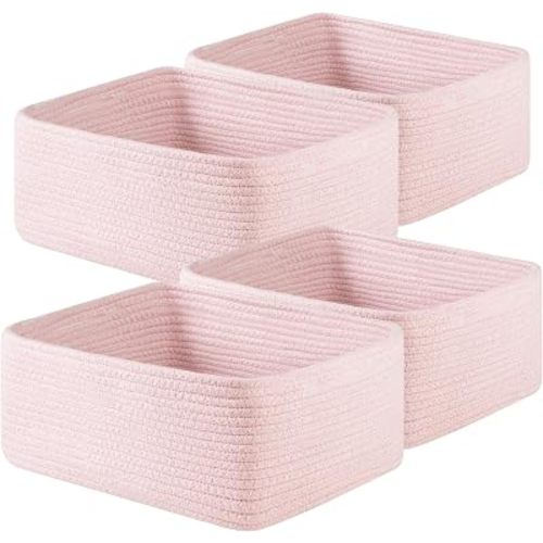 OIAHOMY 4 Pack 14.17 * 11.02 * 6.3IN Storage Baskets for Organizing Shelves, Woven Rope Baskets for Organizing Books, Clothes, Decorative Basket for Living Room, Nursery, Bedroom, Gift Basket, Pink