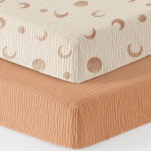Bearmoss Muslin Mini Crib Sheets for Pack N Play Mattress - 100% Cotton - 38"x26" Soft Breathable Playard Baby Crib Sheets Neutral for Boys Girls - 2 Pack (Brown Moon)