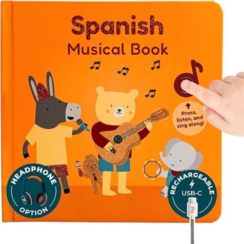 Cali's Books Spanish Nursery Rhymes Book, Bilingual Sound Book | Headphone Jack for Private Listening, Libros en Español para Niños, Bilingual Language-Learning Toy, USB-C Rechargeable