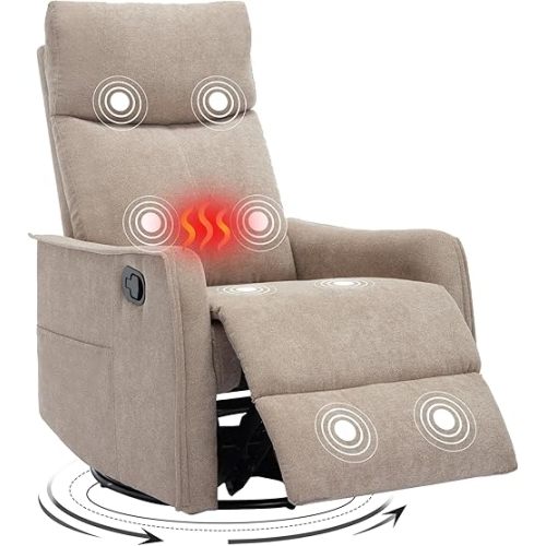 Swivel Rocker Recliner Chair, 360° Swivel Recliner with Heat and Massage, Rocker Recliner Nursery Glider Chair with Side Pockets for Living Room (Khaki, Fabric)
