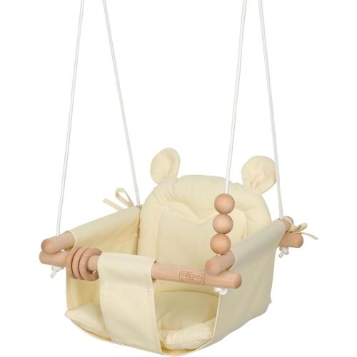 Monkey & Mouse Baby Swing, Cream Indoor Outdoor Portable Hanging Chair - Infant & Toddler Kids 6 Months - 4 Years, Cotton Canvas & Beech Wood Frame, Sensory Hammock Boy & Girl Seat w/Wooden Toys
