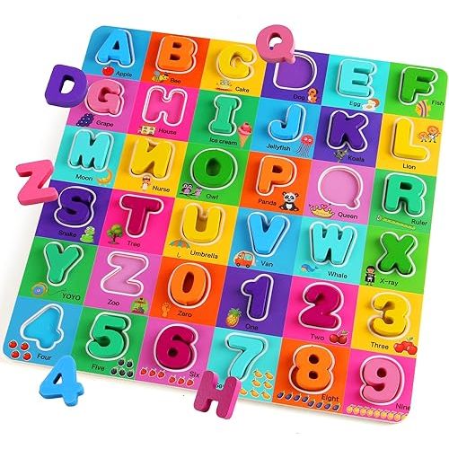 Wooden Alphabet Puzzles Ages 3-5, Alphabet and Number Puzzle with ABC Learning for Kids Ages 3 4 5, Preschool Learning Toys with Chunky ABC Puzzle Board for Girls Boys Kindergarten