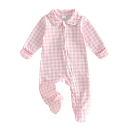 Seyurigaoka Newborn Baby Boy Girl Clothes Gingham Plaid Footed Jumpsuit Lapel Zipper Romper Cute Going Home Outfit