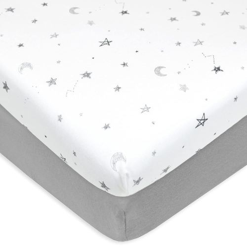 American Baby Company 2 Pack 100% Natural Cotton Fitted Pack and Play Sheets 39" x 27" - Soft & Breathable Pack N Play Sheets for Playard & Mini Crib Mattress, Gray Star and Gray, for Boys & Girls