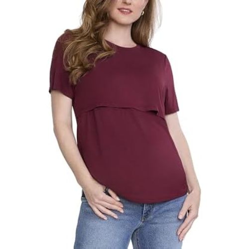 Motherhood Maternity Women's Short Sleeve Crew Neck Nursing Lightweight Tee Shirt for Breastfeeding with Easy Lift-Up Access