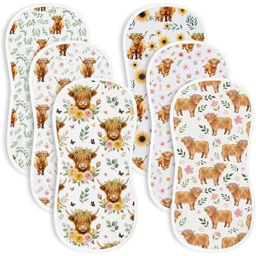 6 Pack Baby Burp Cloths for Boys Girls, Soft Cotton, Highland Cow Floral Theme Design, Super Absorbent Baby Burping Cloths for Newborns, Machine Washable and Reusable Baby Spit-Up Cloths