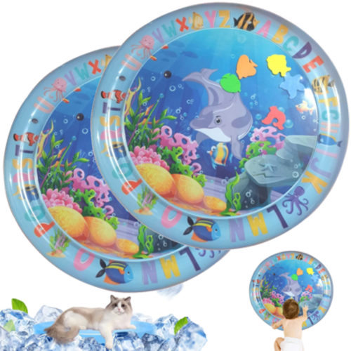 2 Pack Inflatable Playmat,Premium Tummy Time Water Mat,Portable Round Water Pad,Visual Stimulation Gift,Water Pads that Promote Motor and Sensory Development,Blue