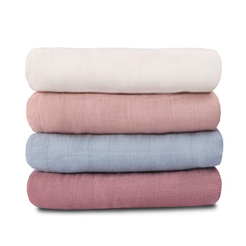 Meracorallo Muslin Swaddle Blanket Silky Soft Receiving Blanket Neutral Swaddle Wrap for Baby Boys and Girls, 47 x 47 inches, Set of 4 Solid Color (White+Blue+Pink+Purple)