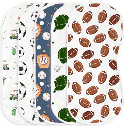 5pcs Sports Ball Burp Cloths for Baby Boys Girls Parent,100% Cotton Football Baseball Soccer Golf Themed Burp Rags,Muslin Burping Cloths Absorbent Spit-Up Cloths for Infant Newborns