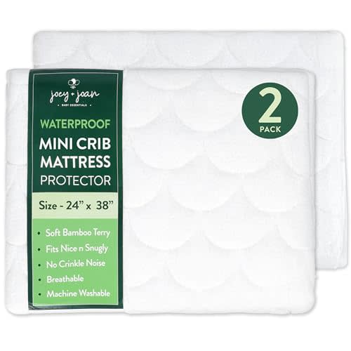 Joey + Joan Waterproof Mini Crib Mattress Protector – 2 Pack, 24" x 38" Quilted Ultra Soft Bamboo Viscose Terry Mini Crib Mattress Pad Cover – Noiseless & Breathable