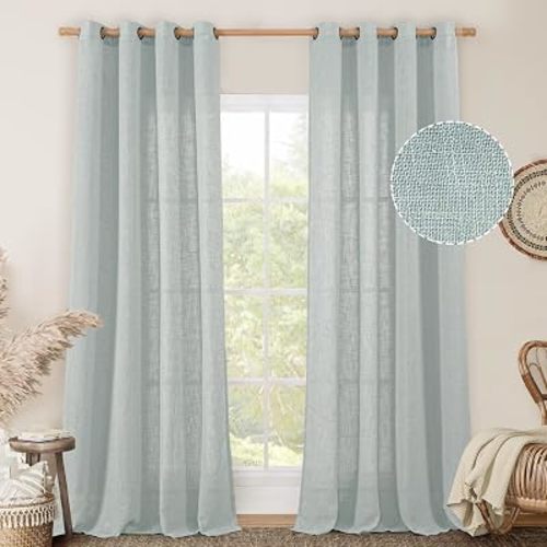 Linen Semi Sheer Curtains 96 inches Long 2 Panels Set, Light Filtering Panels Bronze Grommet Floor to Ceiling Curtains for Bedroom/Living Room, Greyish Blue, 52 x 96 Inch