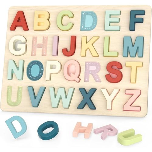 Zeoddler Alphabet Puzzles, Wooden Puzzles for Toddlers, ABC Shape Puzzles for Kids, Preschool Learning Activities, Gift for Girls Boys