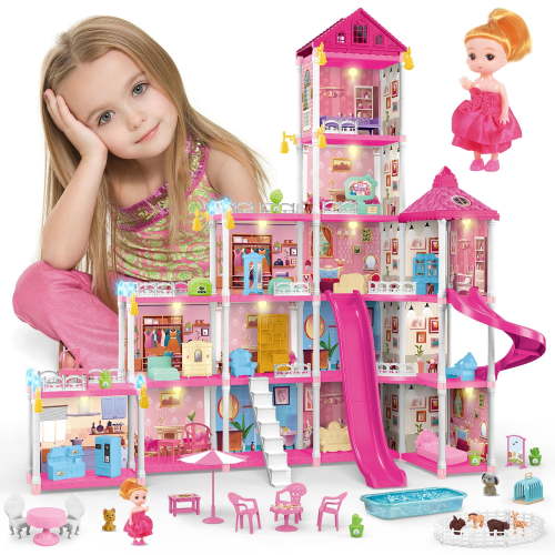 Flooyes 314PCS Light-Up Castle Dollhouse, 14Rooms Pretend Dream Castle with Doll and Furniture, Birthday Gifts Toys for Kids Girls 3 4 5 6 7 8
