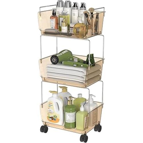 FOLLOWIN 3-Tier Rolling Utility Cart,Plastic Storage Cart with Wheels,Movable Storage Cart Organizer for Living Room,Kitchen,Bathroom,Pantry,Nursery,Amber