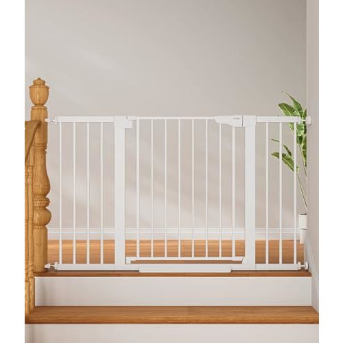 Cumbor 29.7"–51.5" Extra Wide Baby Gate for Stairs, Pressure-Mounted Dog Gates for Doorways & Hallways, Auto-Close Walk-Through, No-Trip Design, Child Proof Safety, Dog/Pet Gate for Indoor Use, White