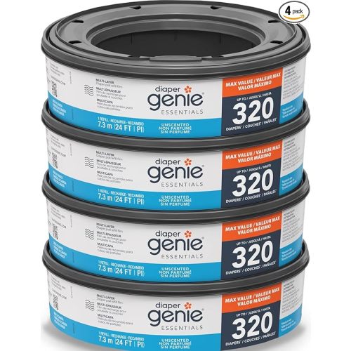 Diaper Genie Essentials Round Refill Pack of 4 | Holds Up to 1280 Newborn Diapers | Features Unscented Continuous Film | Compatible with Diaper Genie Complete and Expressions Pails