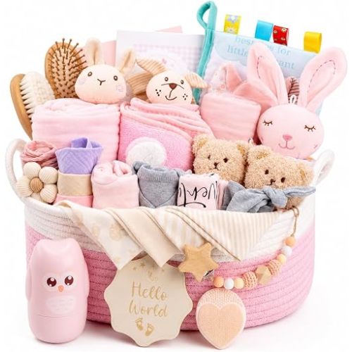30 Piece Baby Gift Basket – Luxury Curated Baby Girl Gift Basket for Newborn, Premium All-in-One Baby Shower Gift Set, Essentials with Keepsakes for First Visit（Pink）