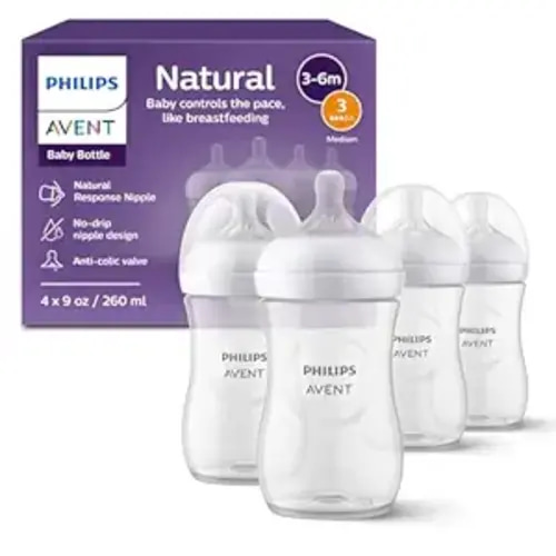 Philips Avent Natural Baby Bottles with Natural Response Nipples (Medium Flow, Flow 3), 9oz, 4-Pack, SCY903/04