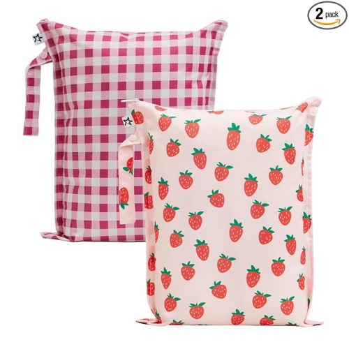 Tiny Twinkle Mess Proof Wet Bags | 2-Pack Reusable Waterproof Wet Bags for Swimsuits | Baby Clothes | Travel & Diaper Bag (Strawberries,Raspberry Gingham)