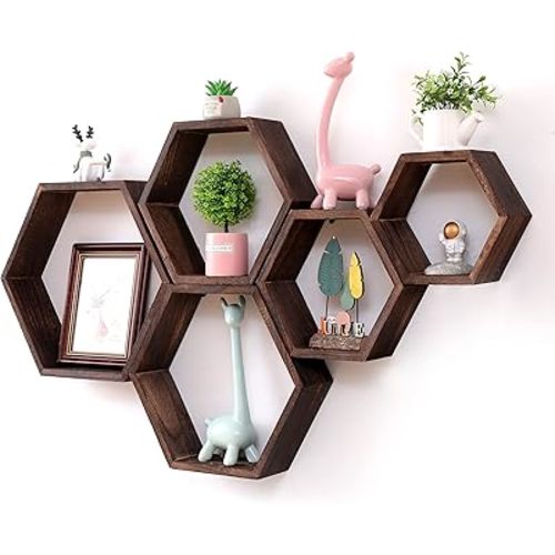 WONFUlity Hexagon Floating Shelves Honeycomb Shelves Wall Mounted Wood Farmhouse Storage Wall Shelf for Bathroom, Kitchen, Bedroom, Living Room,Driftwood Finish Wall Decor,Dark Brwon