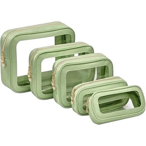 5PCS Diaper Bag Organizer Pouch Set, Clear Organizer Bags, TSA Approved Toiletry Bag, Clear Waterproof Cosmetic Bags with Zipper, Purse Organizer Pouches,Travel Organizer Bags for Woman and Kids Green