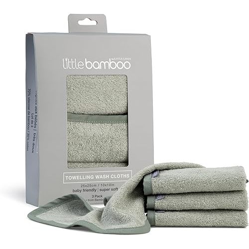 Little Bamboo Towelling Baby Washer Face Cloth, Bayleaf (Pack of 3)