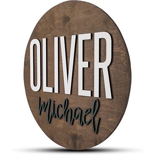 Custom Round Nursery Name Sign, Personalized Wooden Wall Plaque, 12" 18" 24", 30" 3D Wall Art for Children & Kids Rooms, Baby Shower, Hickory Hollow Designs (Oliver Michael)
