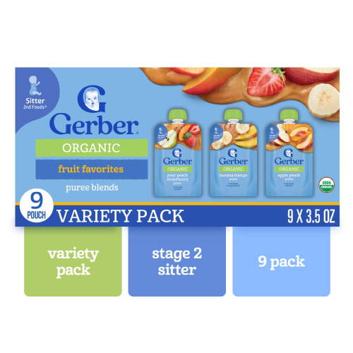 Gerber Stage 2 Baby Food, Organic Fruit and Veggie Puree Smoothie Variety Pack, 3.5 oz Pouches (9 Pack)