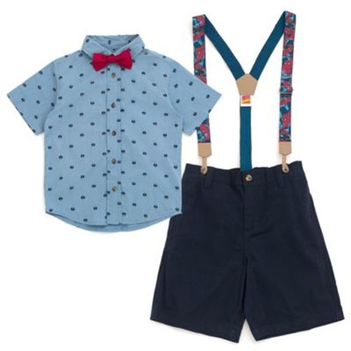 Marvel Spider-man Infant Baby Boys Button Down Shirt Twill Shorts Suspenders And Bow-tie 4 Piece Outfit Set Blue 18 Months
