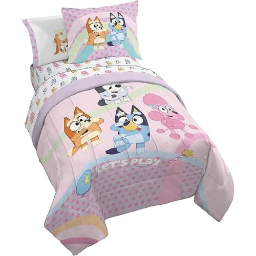 Jay Franco Bluey & Bingo Kids Comforter Set - 5 Piece Twin Bed in a Bag, Soft Microfiber Bedding with Sheets and Sham, Machine Washable, Officially Licensed, Pink